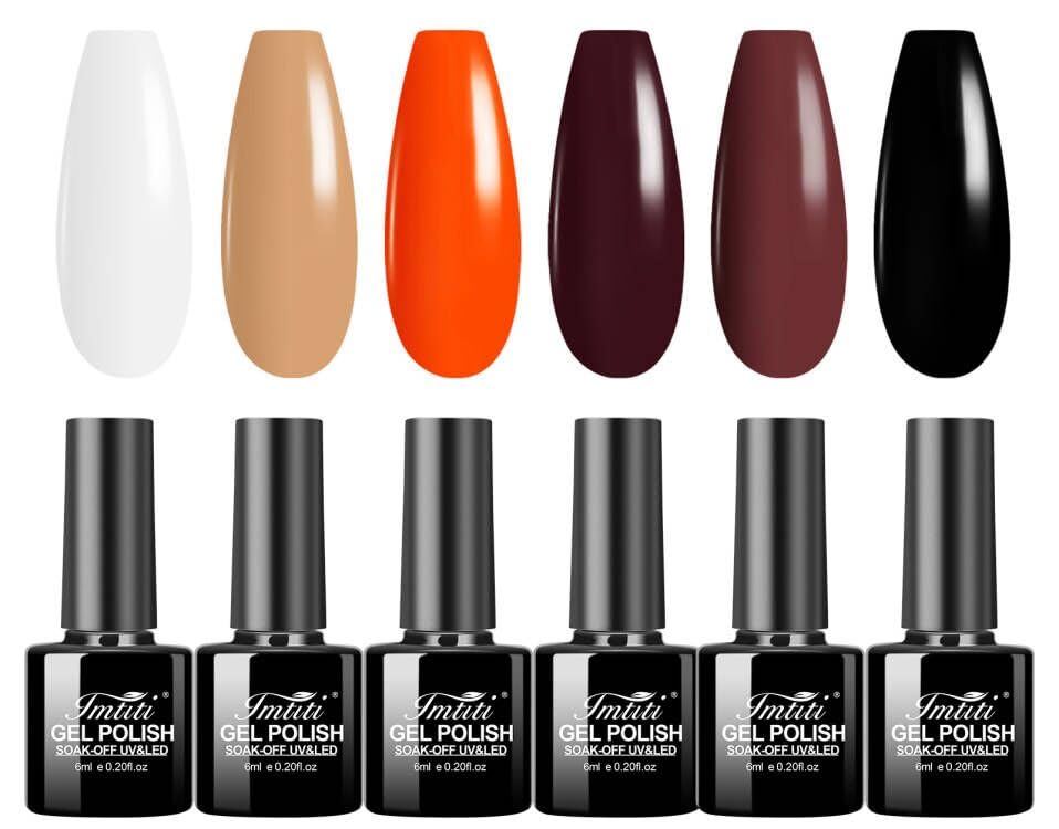 Imtiti Gel Nail Polish Set, 6 Colors Black White Red Gel Polish Kit Brown Orange Color Nail Polish Gel Soak Off Gel Nail Kit,All Seasons Nail Art Manicure DIY Salon Halloween Christmas Gift