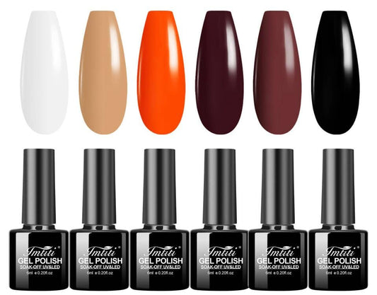 Imtiti Gel Nail Polish Set, 6 Colors Black White Red Gel Polish Kit Brown Orange Color Nail Polish Gel Soak Off Gel Nail Kit,All Seasons Nail Art Manicure DIY Salon Halloween Christmas Gift