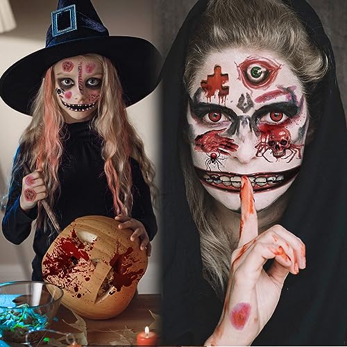 WdrKo 26 pcs Halloween Prank Makeup Temporary Tattoos Set for Adults - Horror Face & Wound Stickers for Cosplay & Parties