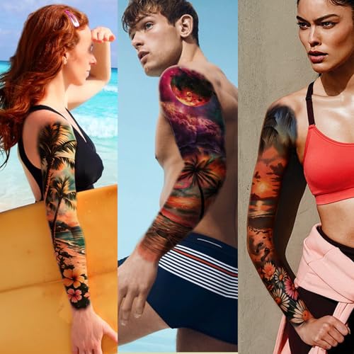 48 Sheets Holiday Ocean Temporary Tattoo for Men Women, 8 Full Arm Flower Skull Sunset Fake Tattoos, 10 Half Arm Beach Turtle Fake Tattoos, 30 Tiny Body Stickers Adult Kid Realistic
