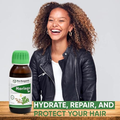 HERBOGANIC Natural Moringa Oil - Pure & Cold-Pressed - 2 oz. Bottle for Hair, Skin & Face - Moisturizes, Nourishes & Hydrates - Rich in Vitamin E & Antioxidants - Ideal for Massage & Aromatherapy¡¦¡¦