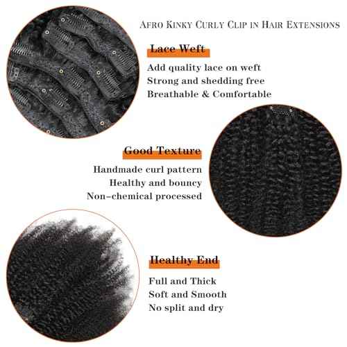 Afro Kinky Curly Clip in Hair Extensions Human Hair 4C Hair Clip in Extensions 8pcs 240g/set 10A Brazilian Virgin Natural Hair Clip Ins for Black Women Natural Black Color 14 Inch