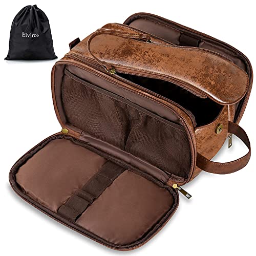 Elviros Travel Toiletry Bag for Men - Water-Resistant Dopp Kit, Small Dark Brown