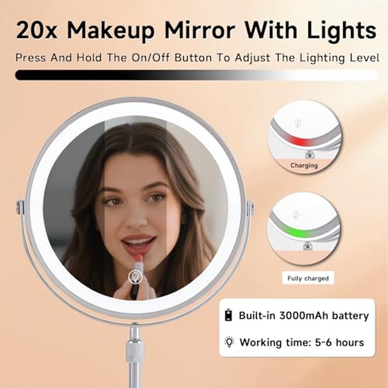 1X/20X Magnifying Makeup Mirror with Lights - 9" Large Dual-Sided Vanity Mirror with 3 Color Lights for Women's Travel Cosmetic Mirror | 3000 mAh-USB Rechargeable | 360¡Æ Rotation | Adjustable Height