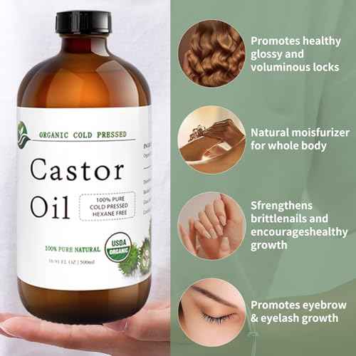 Castor Oil-Castor Oil Organic Cold Pressed Unrefined Glass Bottle-Organic Certified 100% Pure Castor Oil,Hexane Free,Organic Castor Oil for Face,Hair Growth,Eyelashes,Caster 16.91fl.oz/500ml