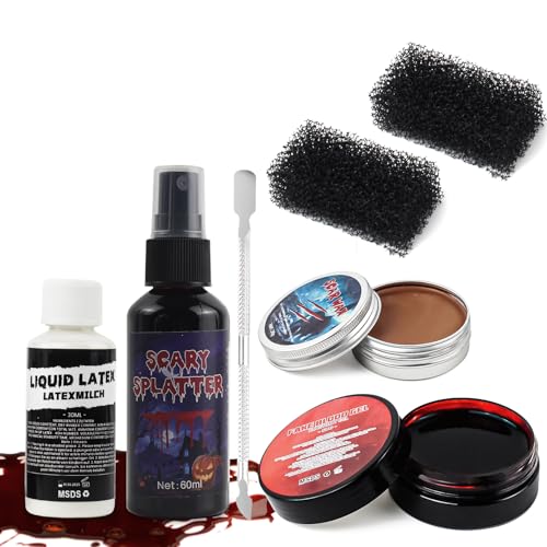 Halloween Fake Blood SFX Makeup Kit ? 7PCS Special Effects Set with Fake Blood Spray, Liquid Latex+Scar Wax+Fake Blood Gel+Spatula Tool & 2 Stipple Sponges ? Vampire Zombie Makeup Kit for Face & Body