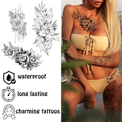 Cerlaza Flower Temporary Tattoos for Women, 10 Sheets