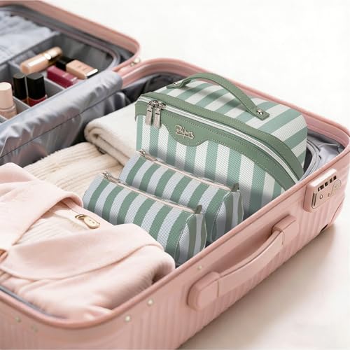 BOYATU Travel Makeup Bag for Women: Large Cosmetic Bag Set of 3 - PU Leather Make up Bag with Compartments - Compact Waterproof Toiletry Bag with Divider & Handle (B-3-Green)