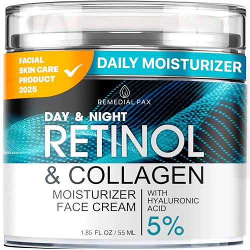 Face Moisturizer Retinol Cream, Anti Aging Neck Firming Cream, Collagen Day & Night Face Cream with Hyaluronic Acid for Women & Men, 1.85 Fl Oz
