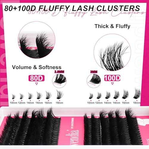 Fowendia Lash Clusters Kit Fluff 80D 100D Individual Lashes D Curl Cluster Eyelash Extensions 10-18mm DIY Lash Extension Kit Lash Bond and Seal Waterproof, Lash Applicator, Thick False Eyelashes Kit