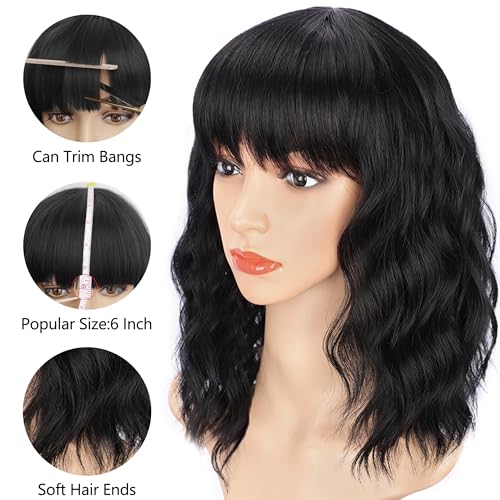 AISI HAIR Bob Curly Wig 14 inch Black Synthetic with Bangs