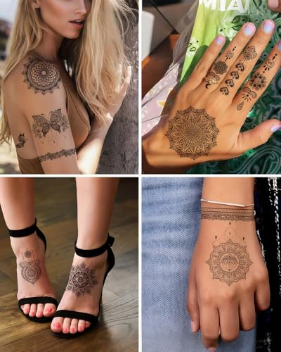 Black Henna Temporary Tattoos - 10 Sheet Mandala Flower Design