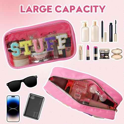 Swim Chenille Letter Makeup Bag,Waterproof Cute Women Clear Cosmetic Bags Sunscreen Organizer for Beach Pool Swimming Team Swimmers,Travel Toiletry SPF Zipper Pouches for Teen Girls (PINK-SWIM)