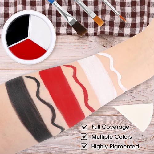 Face & Body Paint Kit - 3 Colors (Black, White, Red) + Brushes & Sponges