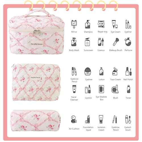 3PCS Cotton Quilted Floral Makeup Bag Set for Women Girls, Cute Make Up Bags with Brush Pockets, Large Wide-Open Toiletry Pouch Gifts for Toiletries Accessories Travelling Essentials