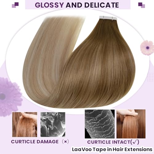 LaaVoo Tape in Hair Extensions Human Hair Ombre Light Brown to Ash Blonde Mix Platinum Blonde Balayage Hair Extensions Tape in Real Human Hair 16 inch Tape in Extensions Straight Thick Ends 20pcs/50g