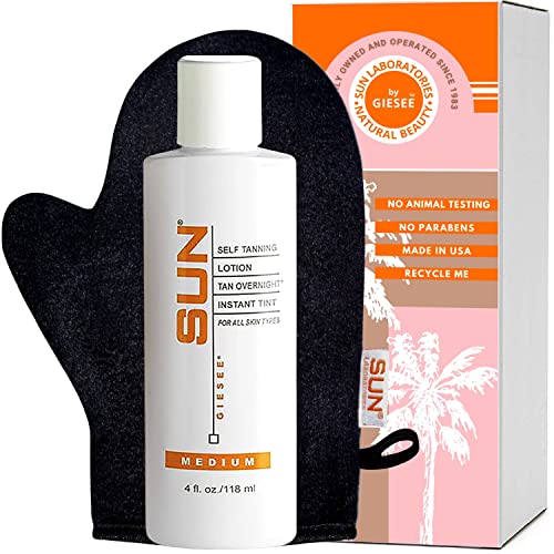 Sun Laboratories By Giesee Tan Overnight Sunless Tanning Lotion 4 oz with Tanning Mitt - Natural Self Tanner, Pregnancy Safe, Organic Sunless Tanner Kit, Extra Dark Self Tanner with Self Tanning Mitt