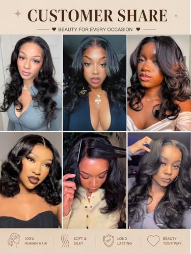 UNICE 16 Inch Black Butterfly Cut Body Wave Lace Front Wig with Face Framing Layers and Drawstring, 180% Density