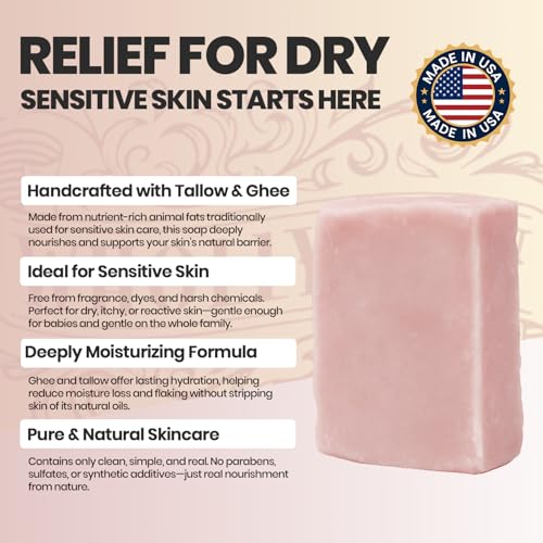 Wholly Kaw Organic Ghee, Tallow and Calamine Soap Bar with Natural Ingredients. Clean Label. Unscented. Fragrance free Face & Body - for Men, Women & Teens. Gentle Body Soap for sensitive skin 4.0 oz