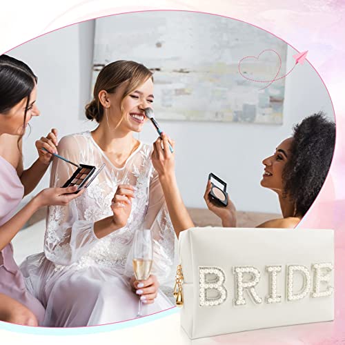 Bride Makeup Bag with Pearl Rhinestone Patch - White Travel Toiletry Pouch