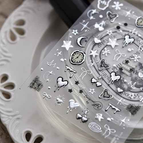 Silver Nail Art Stickers Heart Star Nail Decals with Metal Design 5D Embossed Self Adhesive Clock Nails Stickers Charms Supply for Women Girls Kid Manicure DIY Decorations