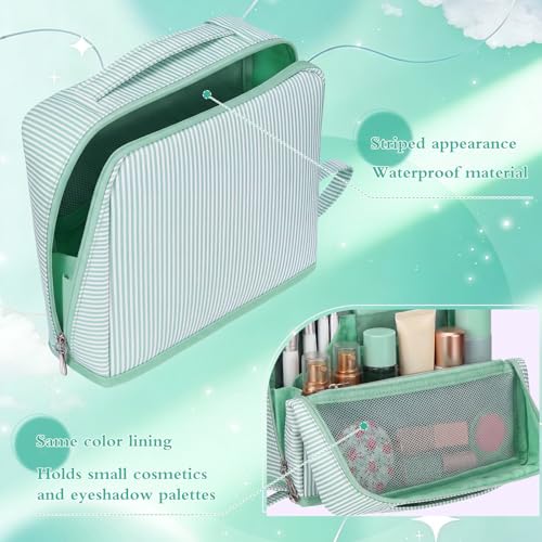 Striped Makeup Bag Large Cosmetic Bags for Women Gift with Brush Loops Mesh Pocket Wrist Strap Travel Organizer Storage Pouch Toiletry Case with Divider for Mirror(Fresh Green)