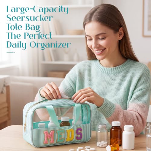 Sanwuta Seersucker Makeup Bag with Handle - Clear Cosmetic Organizer