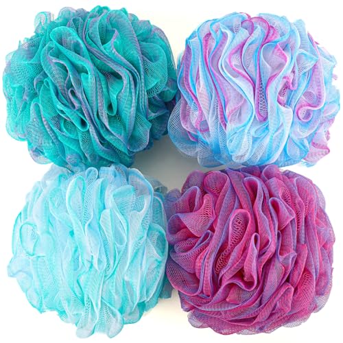 XXL Loofah Bath Sponge 4-Pack - Large Exfoliating Mesh Pouf
