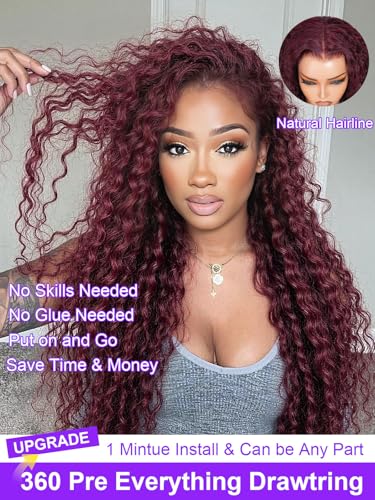 Black Cherry 360 Glueless Wig Human Hair 22 Inch Water Wave