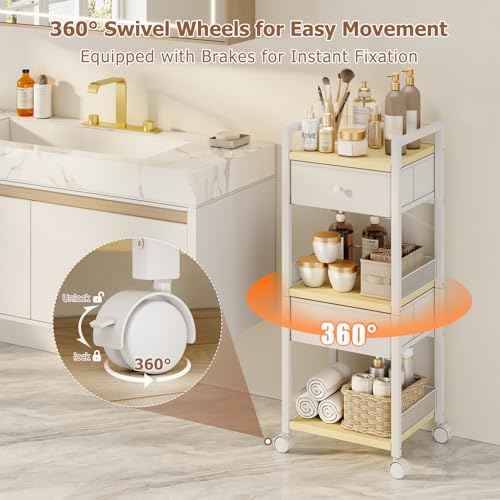 Flycity Makeup Organizer Cart with Drawers, 5 Tier Rolling Makeup Cart, Floor Skincare Organizers, Vanity Organizer Storage with Wheels Cosmetic Display Cases for Skin Care Perfume Nail Polish, White