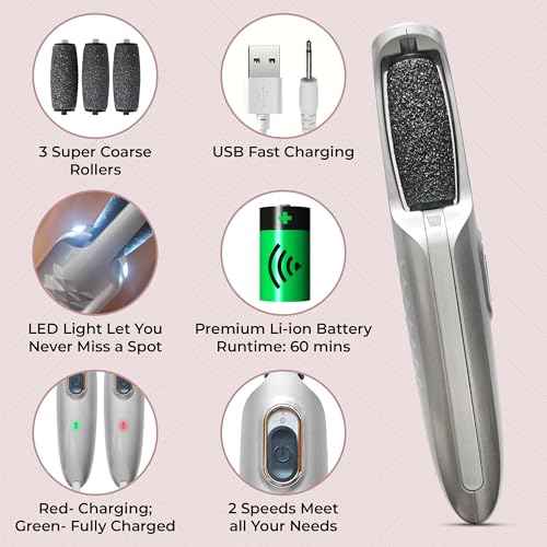 Powerful Electric Foot Callus Remover for Men - Rechargeable Pedicure Foot Grinder Files Away Dead, Hard Skin and Calluses on Heels for Smooth Soft Feet (Silver Grey)