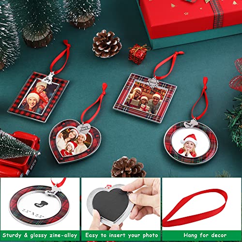 Fovths 4 Pieces Christmas Photo Frame Picture Ornament Red Buffalo Plaid Xmas Gifts Pendant Photo Frame Insert with Christmas Tree, Snowflake, Heart, Socks Hanging Christmas Tree Decoration