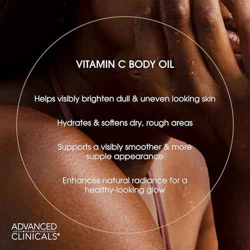 Advanced Clinicals Brightening Vitamin C Body Oil For Women & Men | Vitamin C Glow Oil Skin Care Body Moisturizer With Vitamin E + Botanicals To Help Improve Look Of Dark Spots + Dry Skin, 3.8 Fl Oz