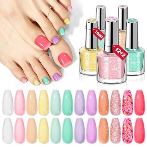 SAVILAND Nail Polish Set Quick-Dry: Summer Jelly Pastel Pink Nail Polish Kit Base-Top Coat 0.34 oz Macarons Candy Transparent Nudes Bluk Nail Polish Non Gel for Finger Toe French DIY Set Women Home