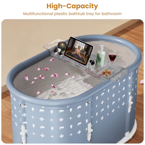 Foldable Bathtub Tray, Expandable to 80cm Acrylic Bath Tray for Tub, Bath Tub Tray Shower Storage Rack, Bath Table Trays for Bathtub (Transparent Bathtub Tray)