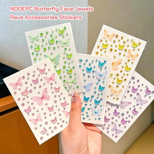 5 Sheets 3D Butterfly Face Gem Stickers Self-Adhesive