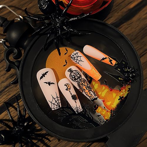 24Pcs Halloween Press on Nails Long Coffin Fake Nails Orange French Halloween False Nail Tips Sparkle Pumpkin Bat Spider Web False Nails with Designs Long Coffin Halloween Stick on Nails for Women