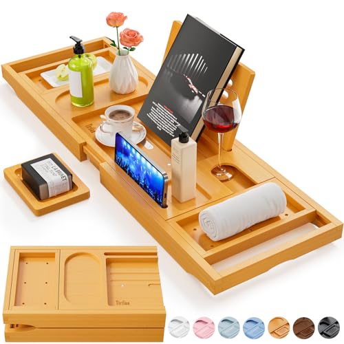 Expandable Bamboo Bathtub Tray Caddy with Wine Holder