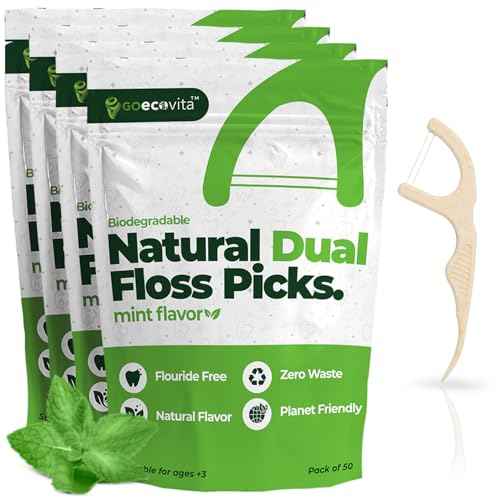 Biodegradable Dual Thread Floss Picks - Natural Straw Wheat Handle | Tight Gap Dental Flossers for Adults | Gentle on Gums & Teeth | Eco Friendly, Vegan, Natural (200 Pack, Mint)
