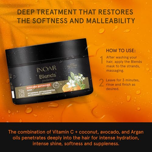 Inoar Blends Mask with Vitamin C & Argan Oil Moisturizing Hair Treatment for Dry Hair, Vegan & Cruelty-Free, 8.8 Fl Oz