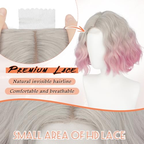 Haloo Pink Ombre Bob Wig for Women - 11 Inch Short Wavy Curly Synthetic Lace Front Hairpiece