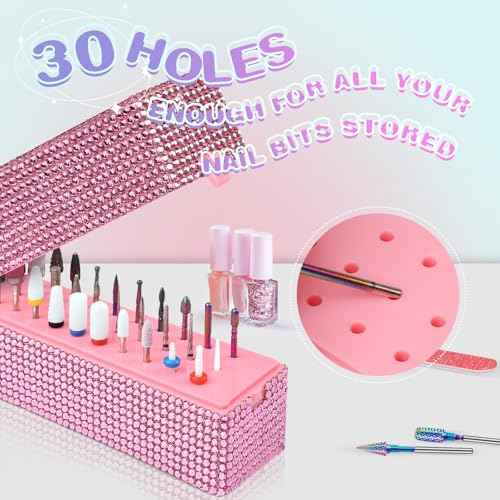 Nail Drill Bits Holder Box: 30 Holes Rhinestone Drill bit Holder Nail tech for Nail Drill bits Storage Dustproof Stand Displayer Organizer Case for Manicure Tools(Note: Drill bits not Included) Pink
