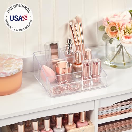 STORi Clear Plastic Small Countertop Vanity Makeup Organizer, Compact Rectangular 4-Compartment Holder for Brushes, Eyeshadow Palettes, & Beauty Supplies, Made in USA (Pack of 2)
