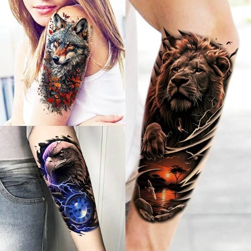 72 Sheets Lion Skull Temporary Tattoos For Men Women, Halloween Half Arm Sleeve Tattoo Stickers Zeus Eagle Tiger Ship, Bulk 3D Watercolor Temp Gothic Waterproof Fake Tattoos Adults Flower Skeleton