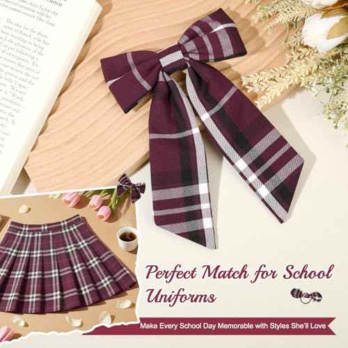DEEKA 5 Styles Uniform Plaid Long Tail Hair Bows Knotted Headband Scrunchies Bow Set Alligator Clips Back to School Accessories for Toddler Little School Girls (Burgundy 5 Styles)