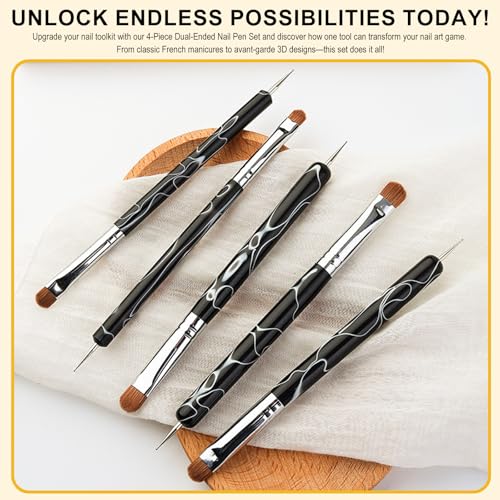 JFIYUOMCI Marble Black French Nail Brush Set 10#,12#,14#,16# Dual-Function Manicure Tools