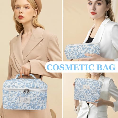 Gosect Quilted Makeup Bag Set 3-Piece Floral Cotton Organizer