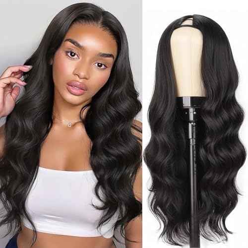 V Part Wig Body Wave Upgrade U Part Wigs for Black Women Premium Protein Silk Fiber & Human Hair Blended, Clip in V-Part Half Wigs Glueless Wear and Go 180% Density Natural Black 20 Inch