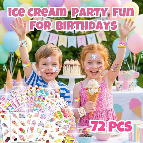 72-Piece Ice Cream Party Favors Set - Tattoos & Slap Bracelets