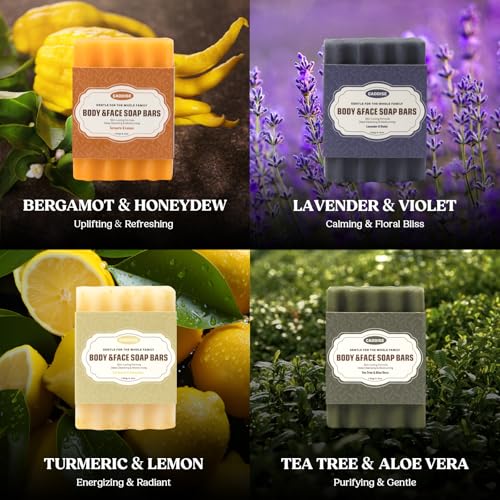 Natural Soap Bar ? Handmade Soap with Foaming Pouch, Face & Body Wash, Moisturizing & Cleansing with Tea Tree & Coconut Oil, Shea Butter, Jojoba & Honey, Gift for Men & Women, 4 Pack 16.8 Oz
